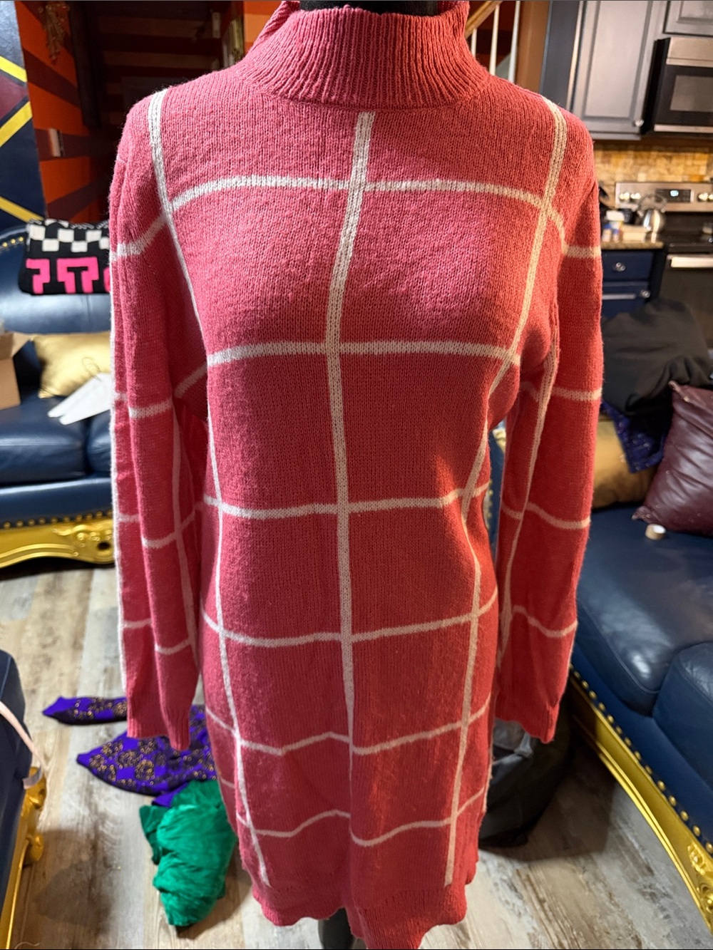 Love Scarlett Grid-Pattern Pink Turtleneck Sweater Dress or Tunic